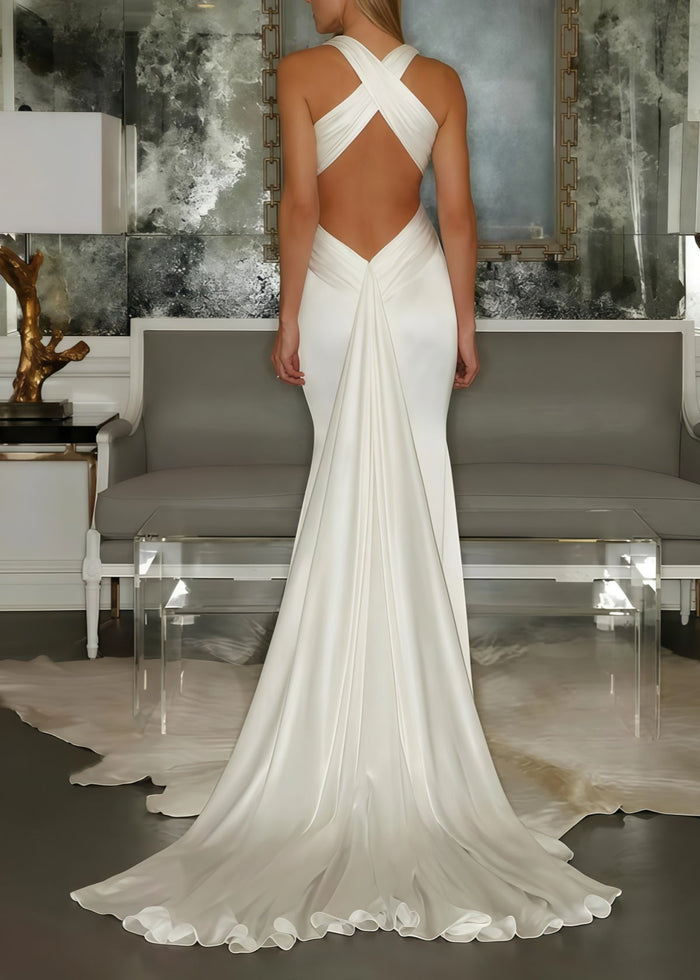 Eudora | Classic Mermaid Halter V Neck Sleeveless White Satin Wedding Dress Detachable Train - Price #price_variant_lowest# - White - PromDressClub