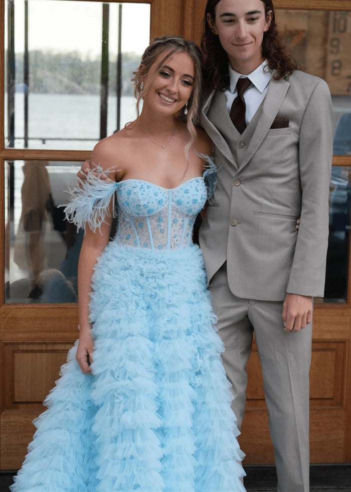 Eudora | Light Pink Red Ball Gown/Princess Off the Shoulder Feather Tulle Formal Dress with Slit - Light Blue - PromDressClub