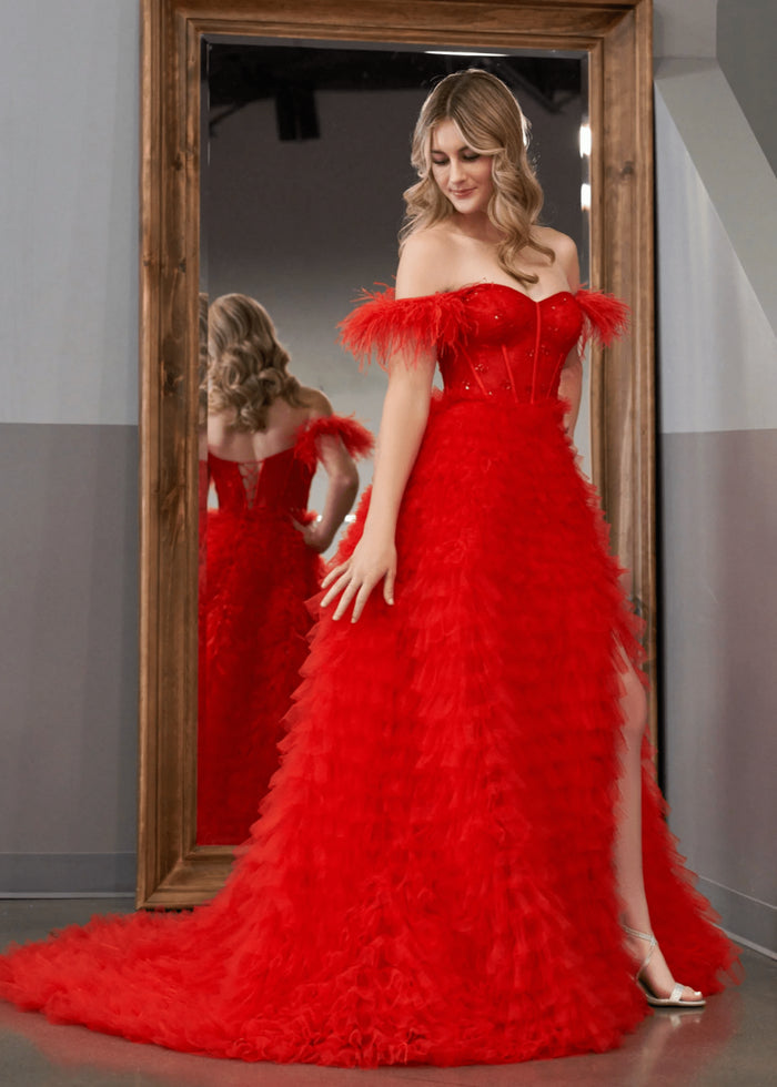 Eudora | Light Pink Red Ball Gown/Princess Off the Shoulder Feather Tulle Formal Dress with Slit - Red - PromDressClub