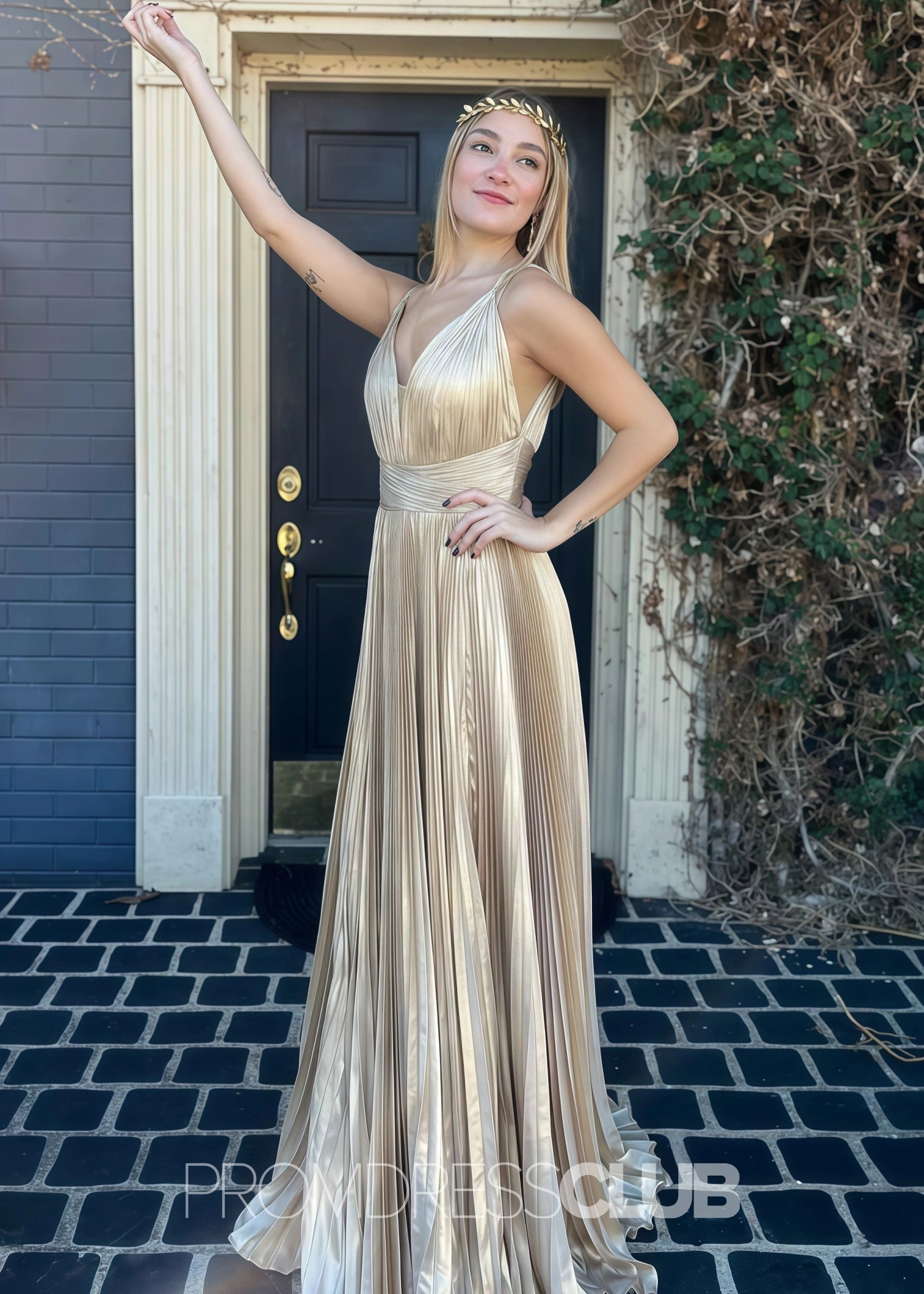 Eudora |Long Gold Prom Dress Metallic With A Line V Neck Plunging Pleated - Gold - US0 - PromDressClub