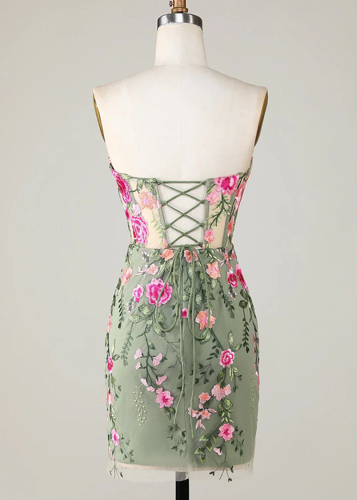 Eulalie | Discover the Perfect Black Homecoming Dress: Floral, Strapless & Backless Elegance - Sage Floral - PromDressClub