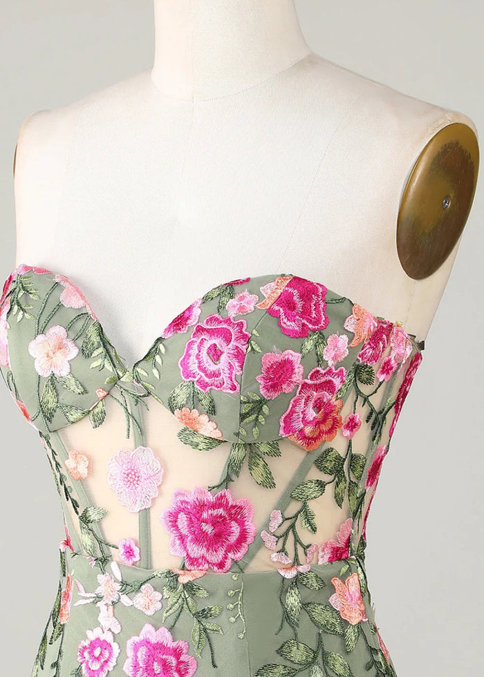 Eulalie | Discover the Perfect Black Homecoming Dress: Floral, Strapless & Backless Elegance - Sage Floral - PromDressClub