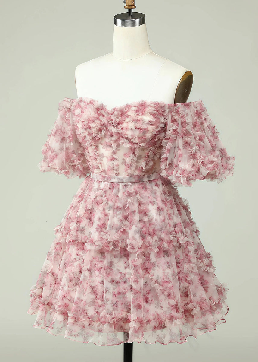 Eurydice | Dreamy Purple Homecoming Dress Floral Off the Shoulder Tulle Gown - Pink Floral - PromDressClub