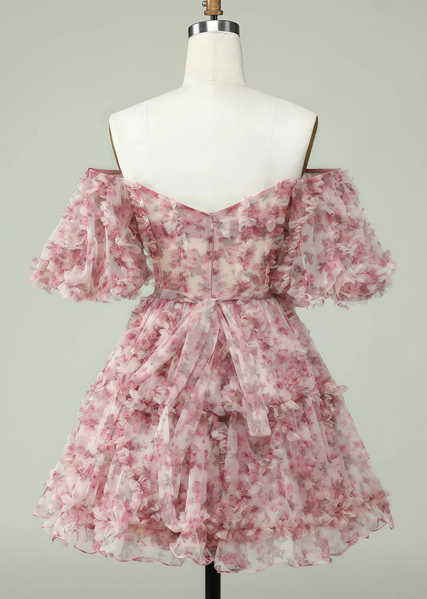 Eurydice | Dreamy Purple Homecoming Dress Floral Off the Shoulder Tulle Gown - Pink Floral - PromDressClub