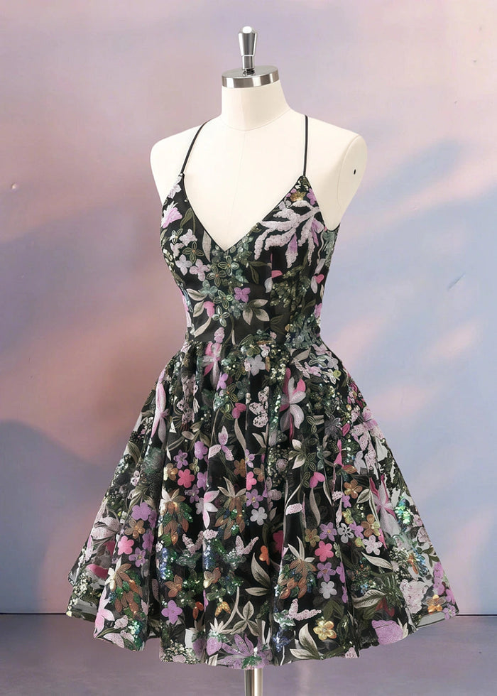 Evadne | Stand Out at Prom with Black Homecoming Dress Floral Backless Corset Design - Black Floral - PromDressClub