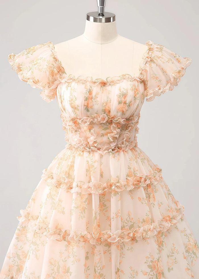 Evaluna | Stunning Champagne Floral Homecoming Dress: Dance the Night Away Beautifully - Champagne Floral - PromDressClub