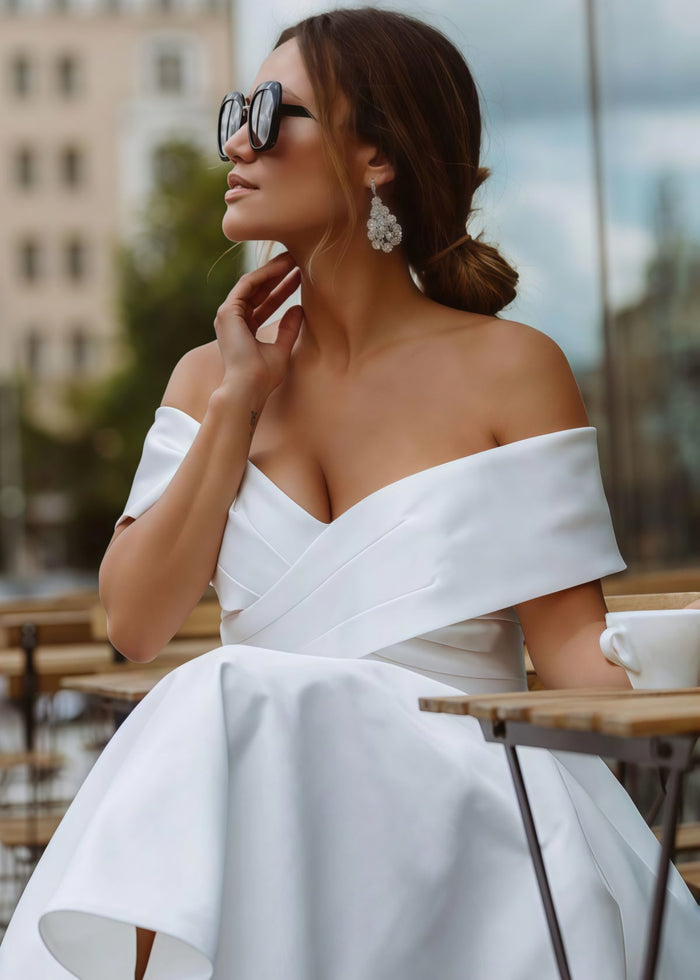 Evangeline | Elegant A Line Off the Shoulder Strapless White Satin Midi Wedding Dress - Price #price_variant_lowest# - White - PromDressClub