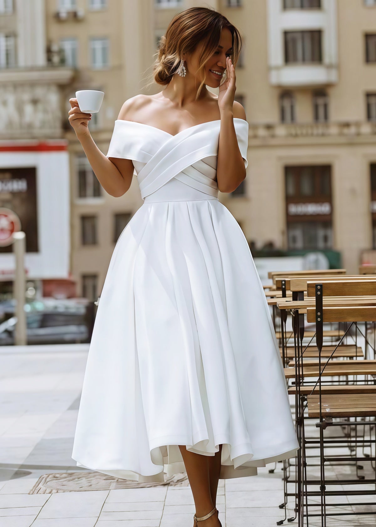 Evangeline | Elegant A Line Off the Shoulder Strapless White Satin Midi Wedding Dress - White - PROMDRESS Club