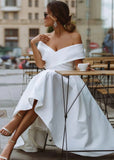 Evangeline | Elegant A Line Off the Shoulder Strapless White Satin Midi Wedding Dress - White - PROMDRESS Club