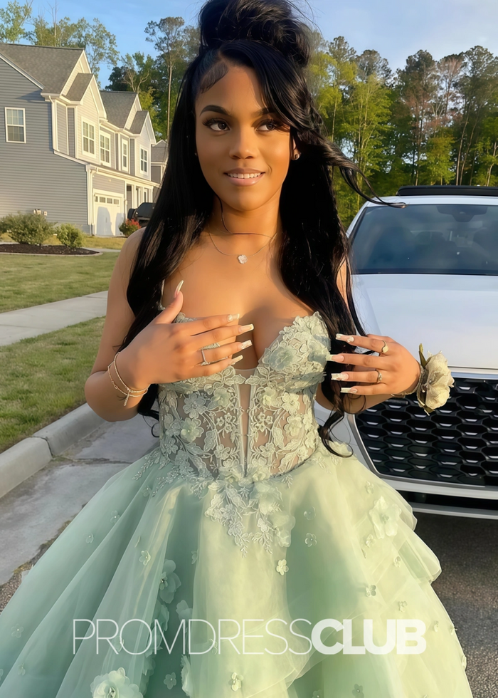 Eve |Ball Gown Sage Green Prom Dress Long V Neck with Slit Tiered Tulle - Sage - PromDressClub