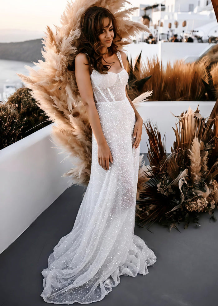 Eve | Sparkly A Line Spaghetti Strap Long White Sequin Wedding Dress Train - Price #price_variant_lowest# - White - PromDressClub