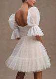 Evelyn | Glamorous Pearl Puff Sleeve Square Neck Short Wedding Reception Dress with Backless - White - PROMDRESS Club