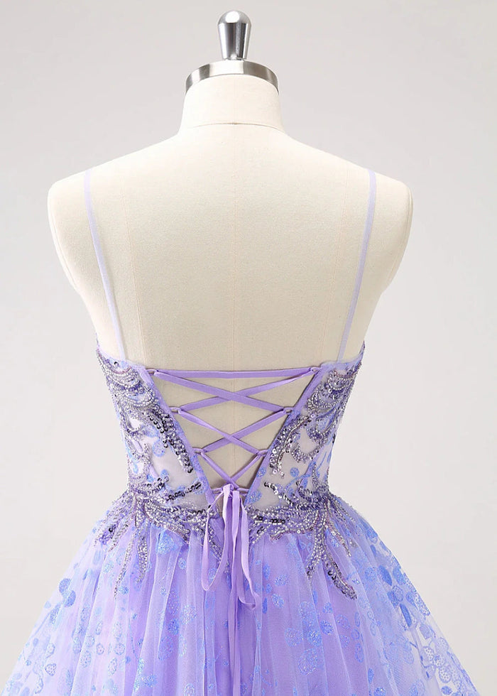 Ezmeralda | Sparkle Purple Homecoming Dress | Floral A - Line Elegance Dazzle - Light Purple Floral - PromDressClub