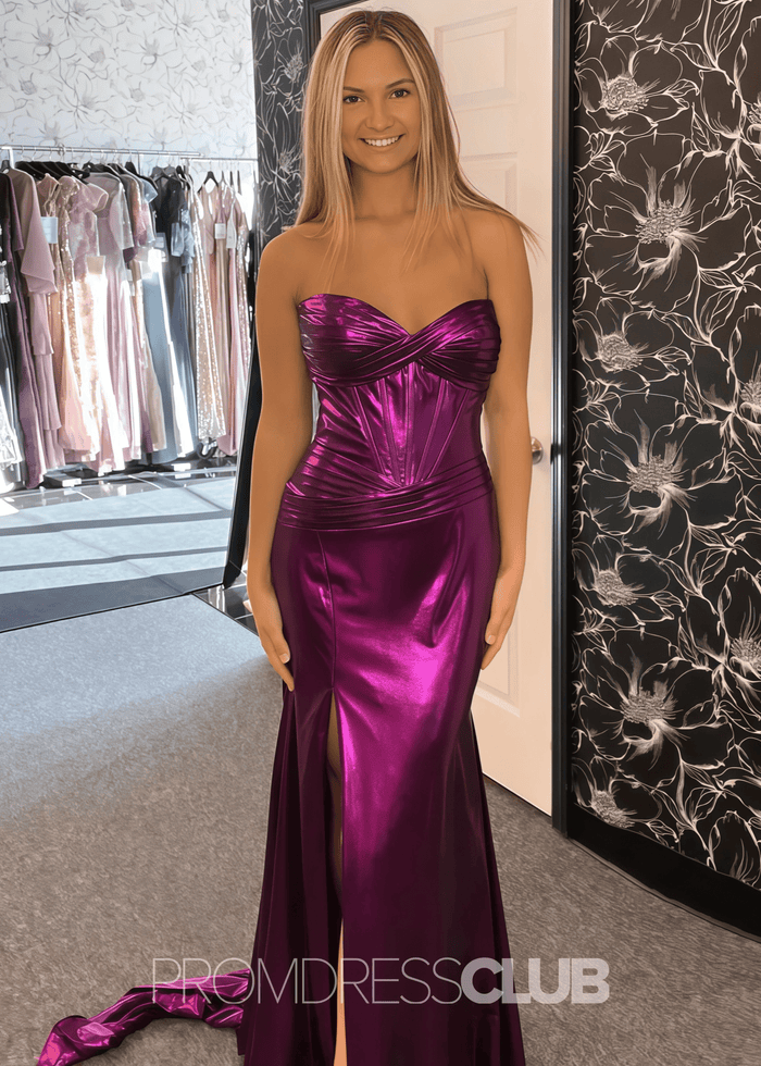 Faithe |Long Fuchsia Prom Dress Metallic With Mermaid Sweetheart Strapless Empire Side Split - Fuchsia - PromDressClub