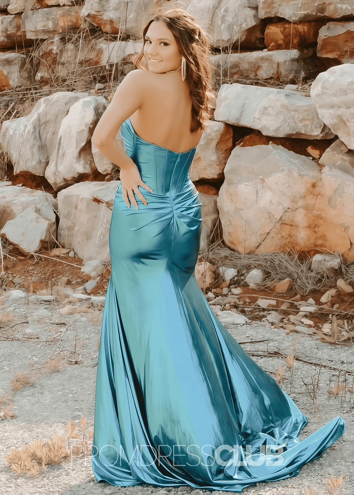 Faithe |Long Fuchsia Prom Dress Metallic With Mermaid Sweetheart Strapless Empire Side Split - Turquoise - PromDressClub