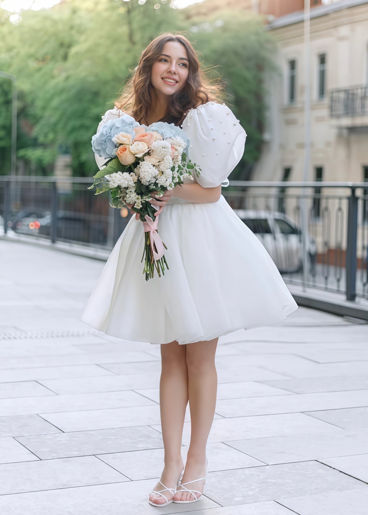 Faithe | Sexy A Line Square Neck Pearl Puff Sleeve Short Wedding Reception Dress for Bride - White - PROMDRESS Club