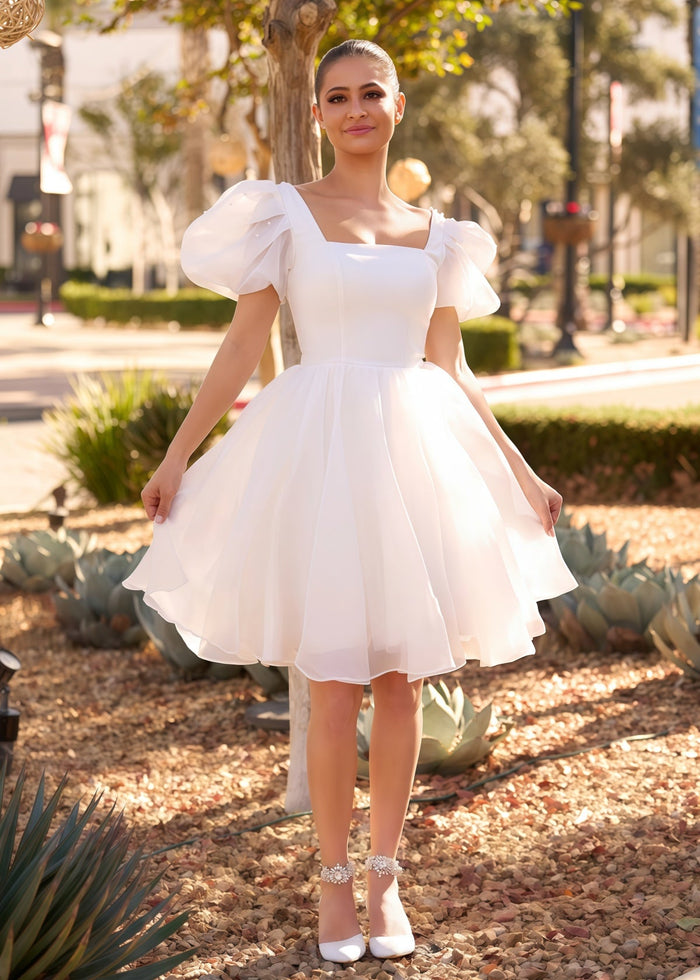 Faithe | Sexy A Line Square Neck Pearl Puff Sleeve Short Wedding Reception Dress for Bride - Price #price_variant_lowest# - White - PromDressClub