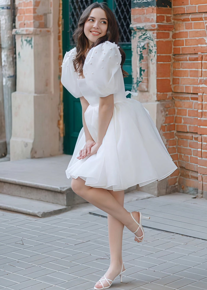Faithe | Sexy A Line Square Neck Pearl Puff Sleeve Short Wedding Reception Dress for Bride - Price #price_variant_lowest# - White - PromDressClub