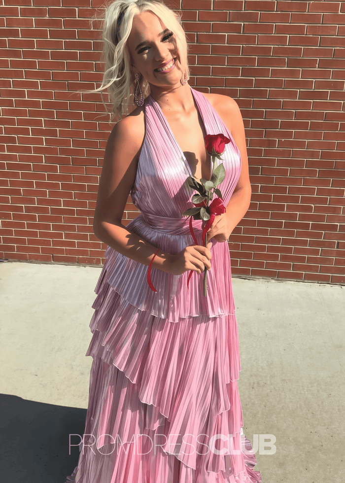 Fanny |Long Purple Prom Dress Metallic With A Line V - Neck Sleeveless Side Split - Pink - PromDressClub