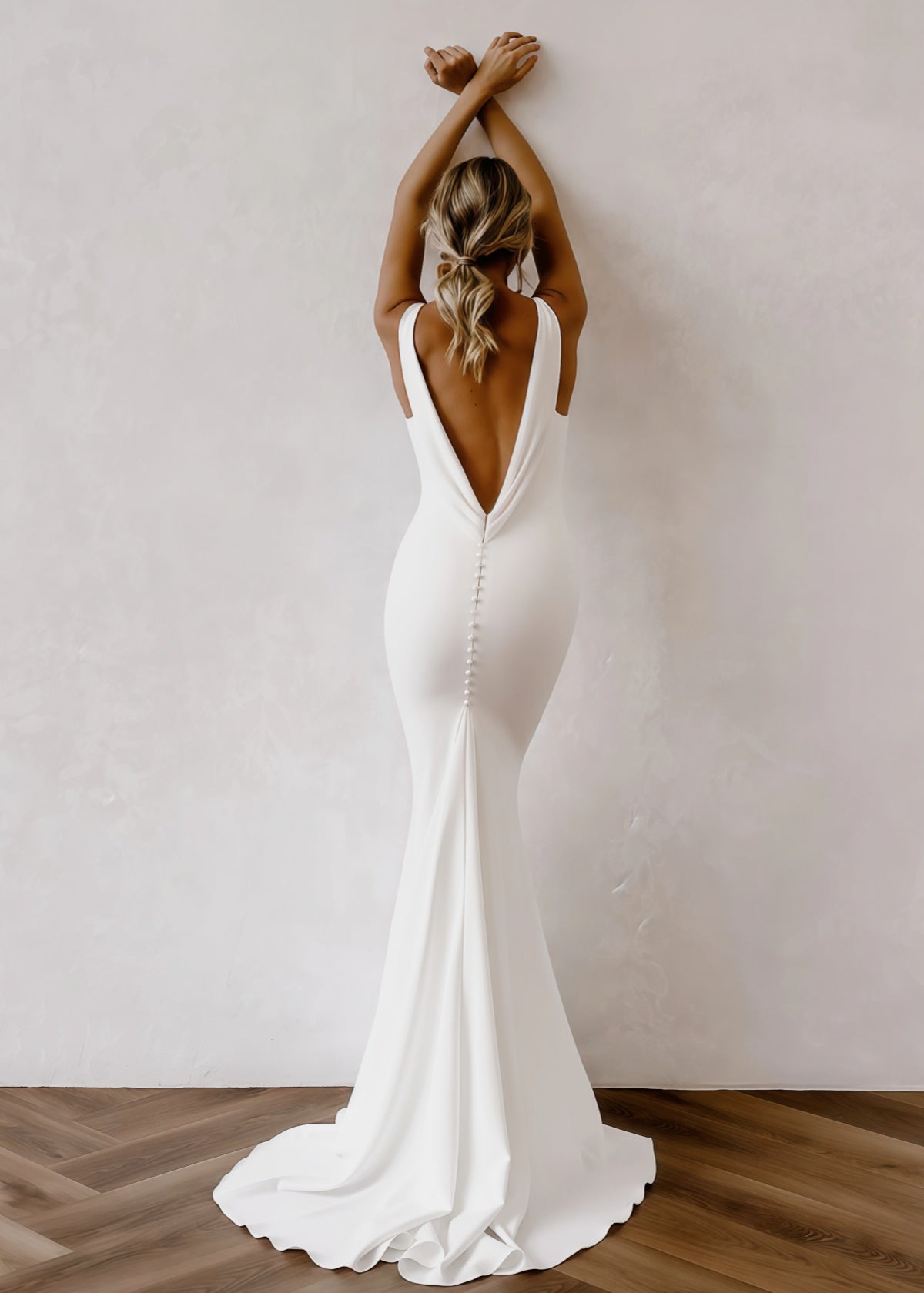 Fanny | Mermaid V Neck Backless Long White Satin Wedding Dress Detachable Train - White - PROMDRESS Club