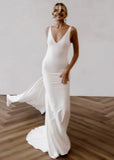 Fanny | Mermaid V Neck Backless Long White Satin Wedding Dress Detachable Train - White - PROMDRESS Club