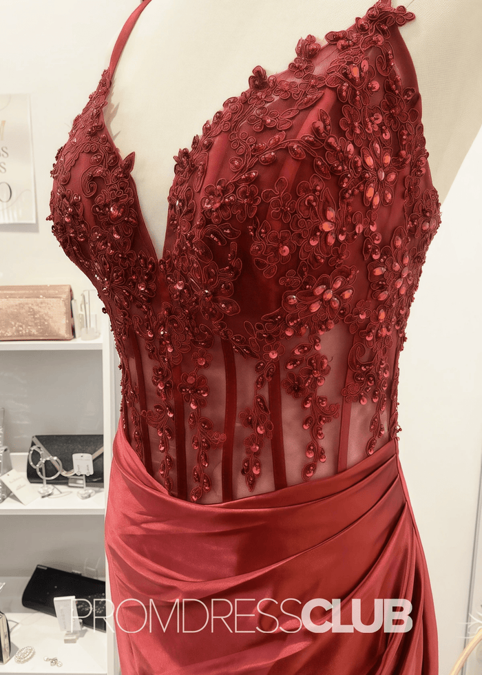 Fay |Mermaid Navy Blue Prom Dresses Long V Neck with Slit - Red - PromDressClub