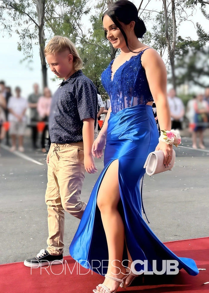 Fay |Mermaid Navy Blue Prom Dresses Long V Neck with Slit - Royal Blue - PromDressClub