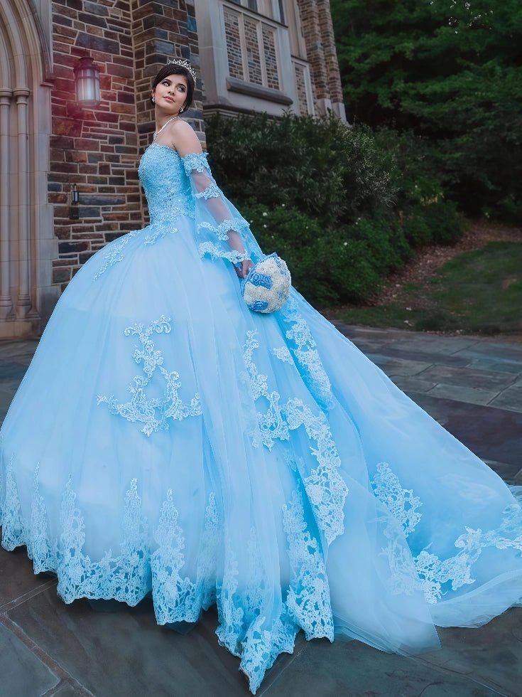 Felicia | Gorgeous Light Blue Quinceanera Dresses with Sleeves - Stunning Blue Sweet 16 Dresses - Light Blue - PromDressClub