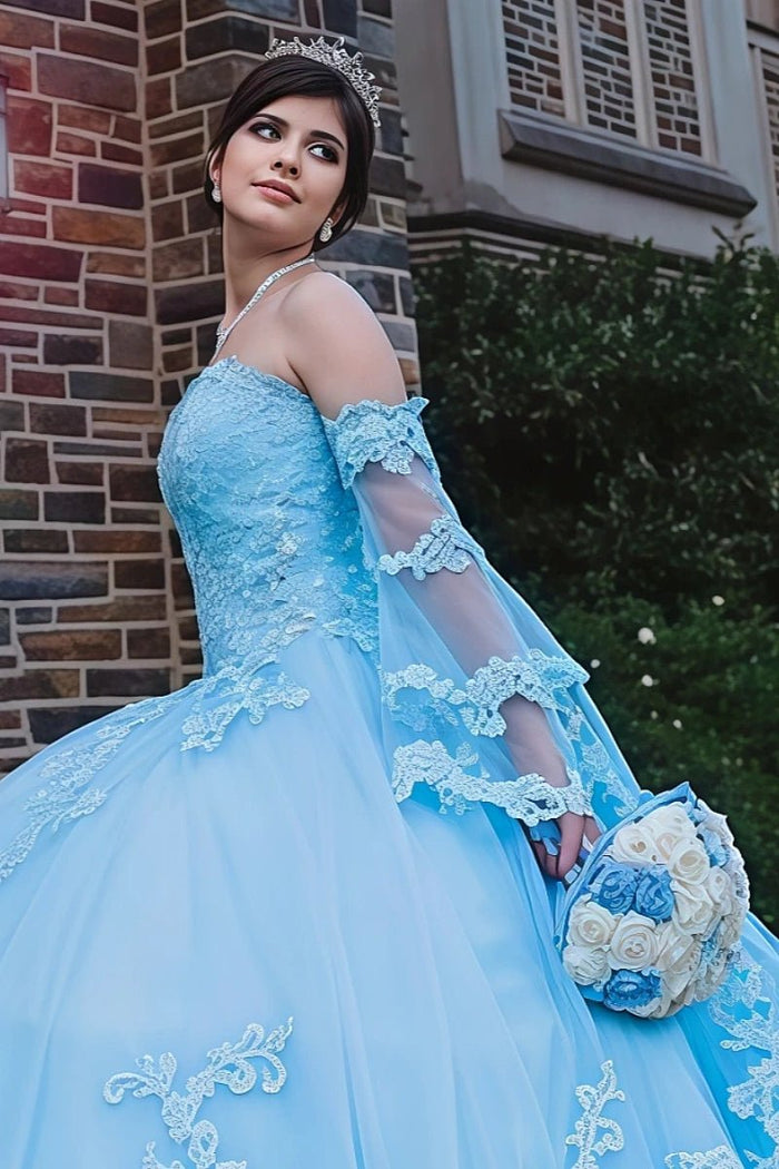 Felicia | Gorgeous Light Blue Quinceanera Dresses with Sleeves - Stunning Blue Sweet 16 Dresses - Light Blue - PromDressClub