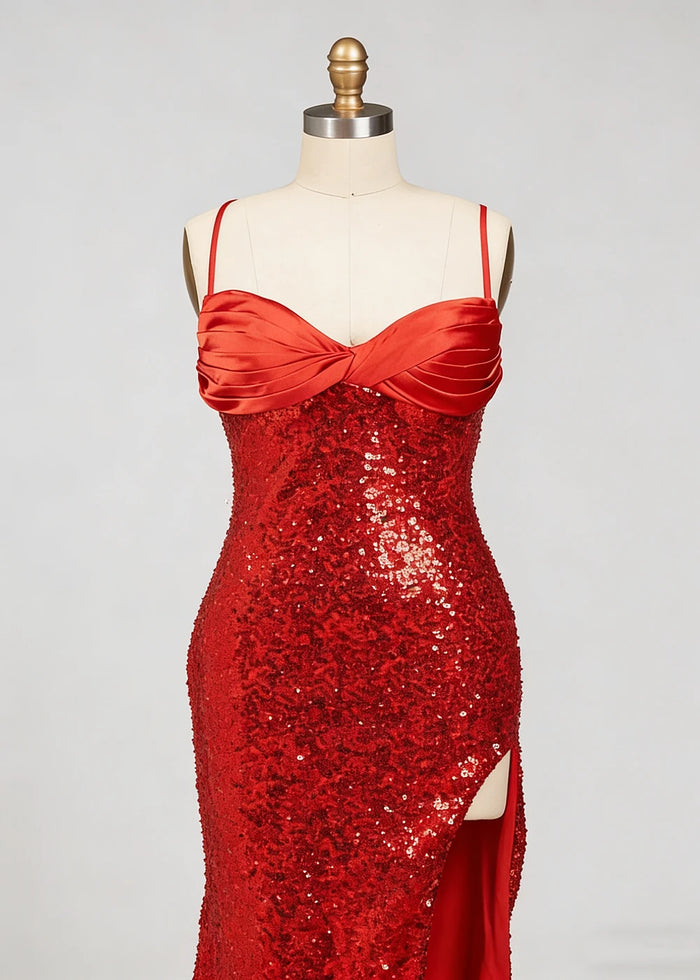 Fia Red Glitter Prom Dress | Column Spaghetti Strap Sweetheart Neckline Cocktail Dress with Slit - Red - PromDressClub