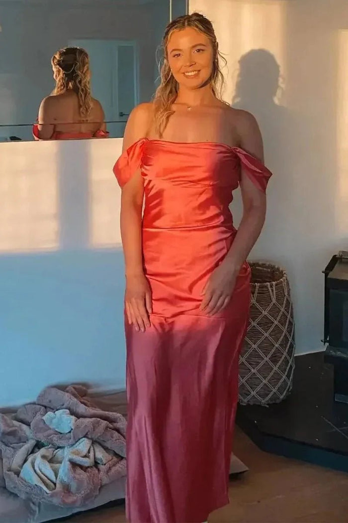 Nora Women's Coral Off the Shoulder Dress for Prom | Sheath Strapless Satin Floor Length Formal Dress - Coral - PromDressClub