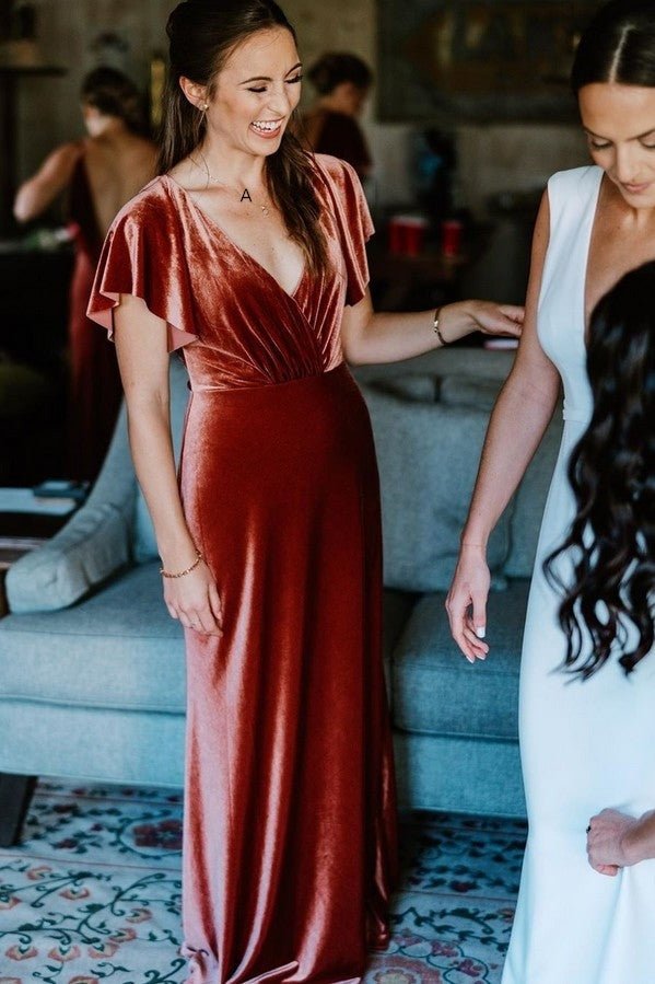 Julia |Floor Length V Neck Copper Velvet Bridesmaid Dress for Winter Weddings - Copper - US0 - PromDressClub