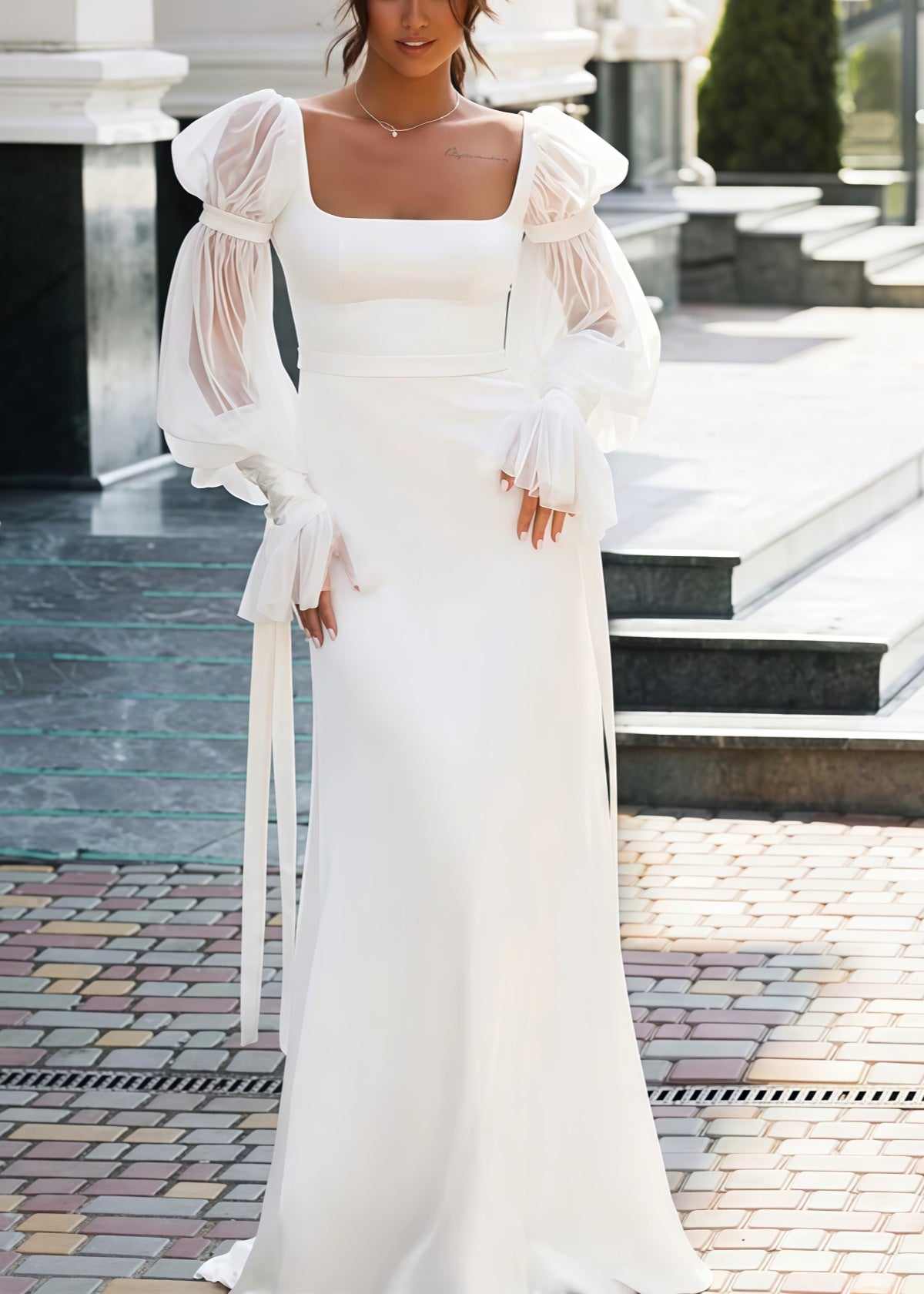 Flora | Square Neckline Mermaid Puff Long Sleeve White Wedding Dress Train - White - PROMDRESS Club