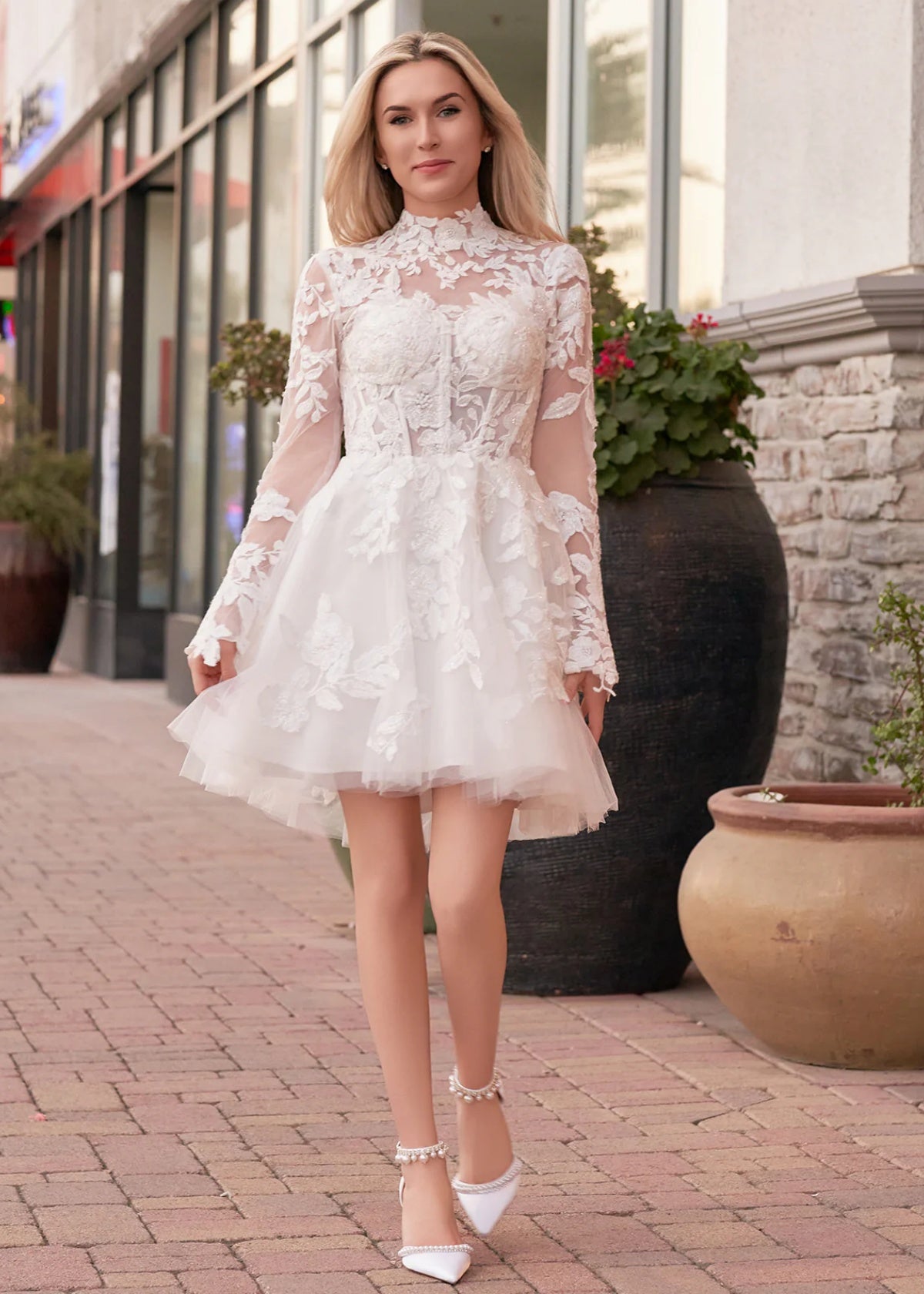 Florence | A Line Long Sleeve Illusion Neck Corset Short White Reception Wedding Dress - White - PROMDRESS Club