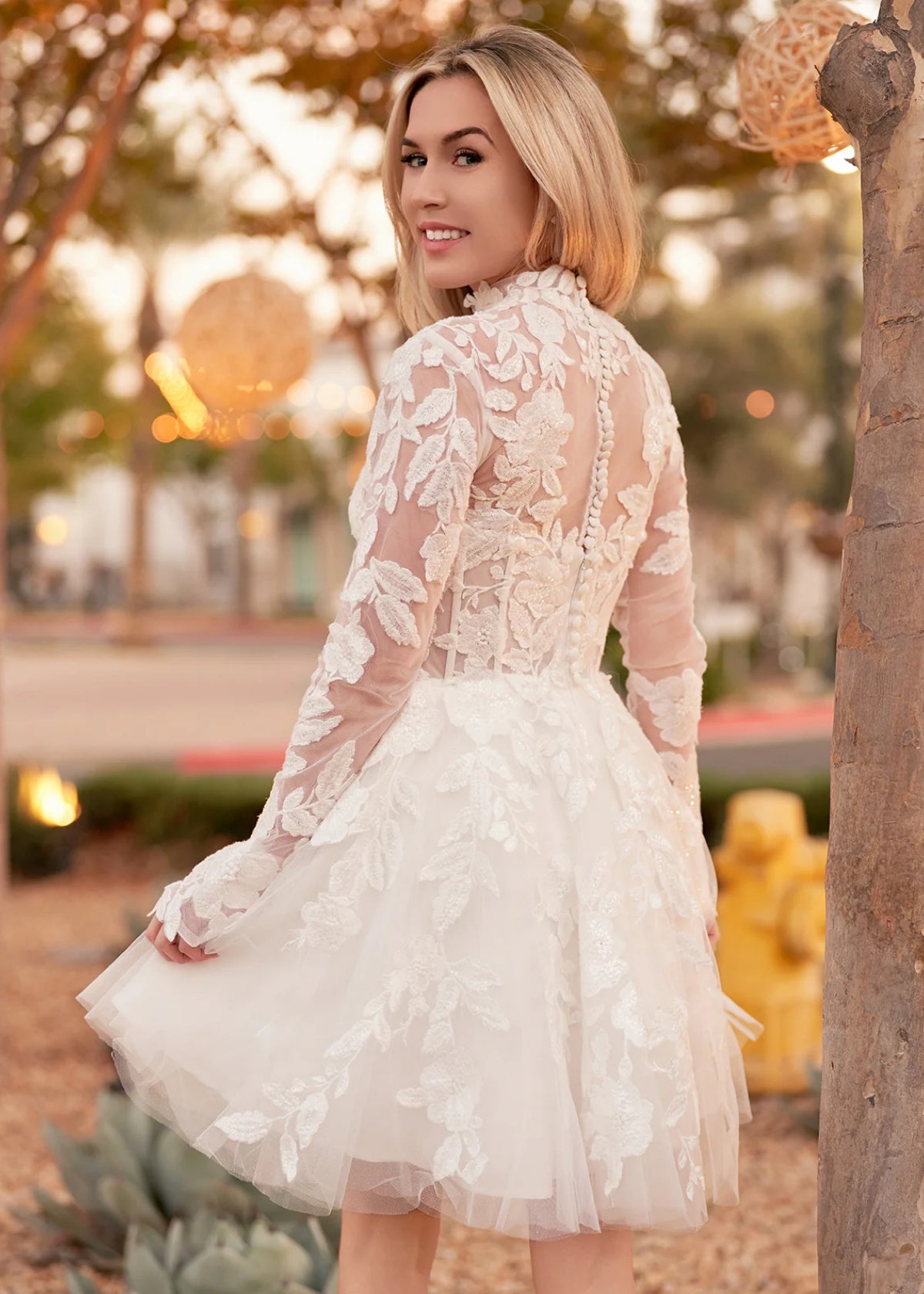 Florence | A Line Long Sleeve Illusion Neck Corset Short White Reception Wedding Dress - White - PROMDRESS Club