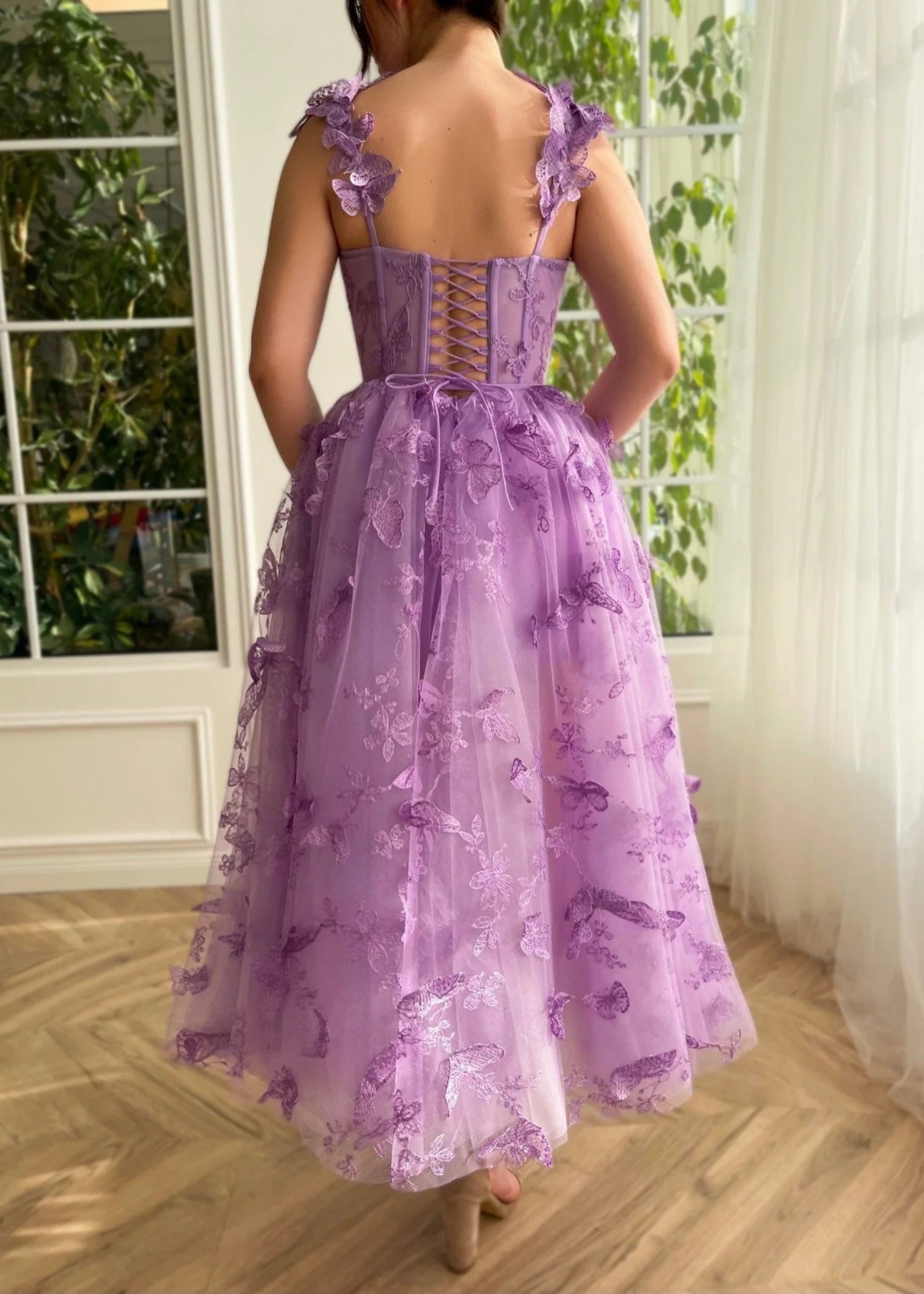 Florence |A line Off The Shoulder Tulle Midi Lilac Prom Dress with 3D Butterflies - Lilac - US0 - PromDressClub