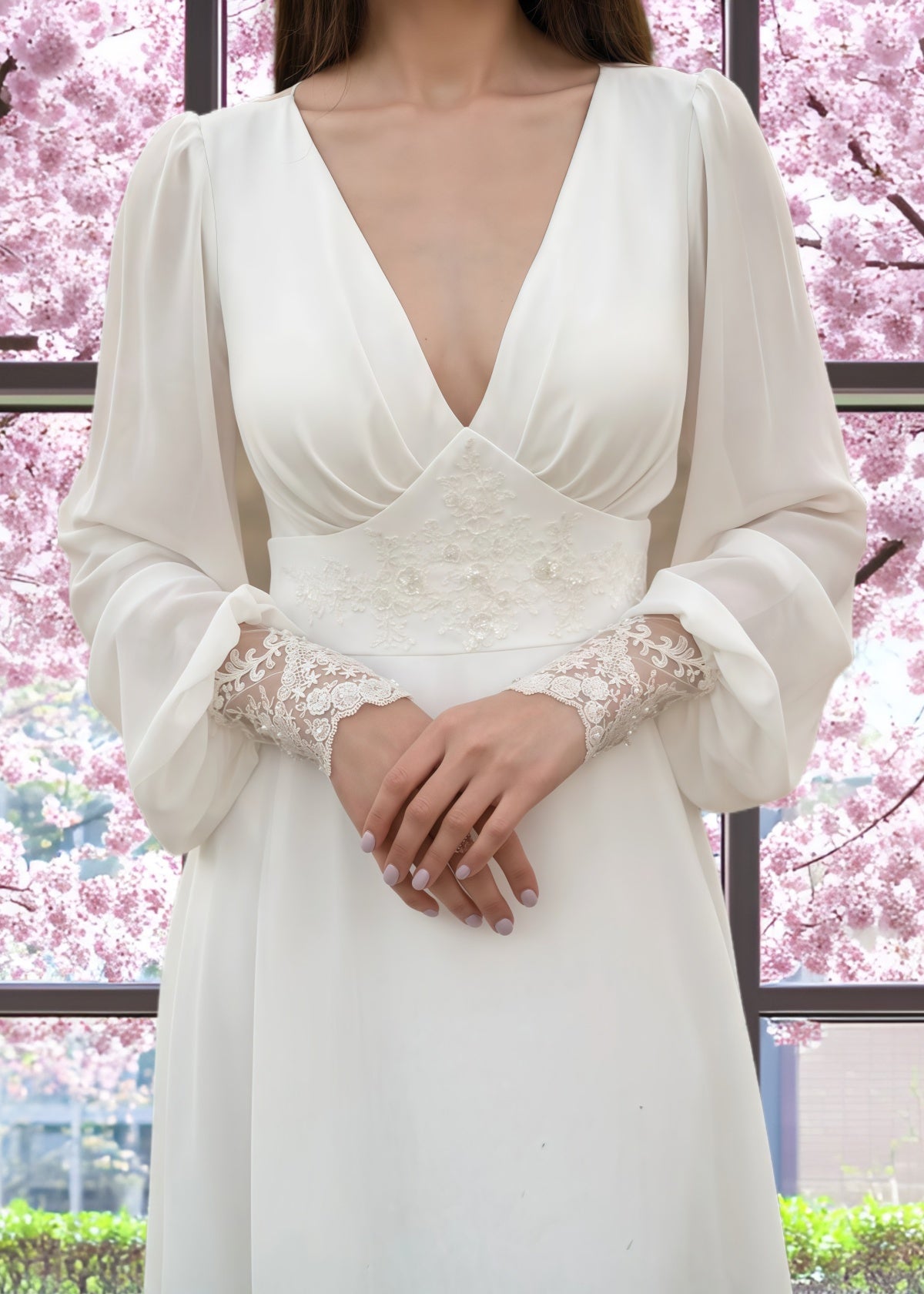 Frances | A Line Long Sleeve Appliques Lace Corset Chiffon Wedding Dress Train with V Neck - White - PROMDRESS Club