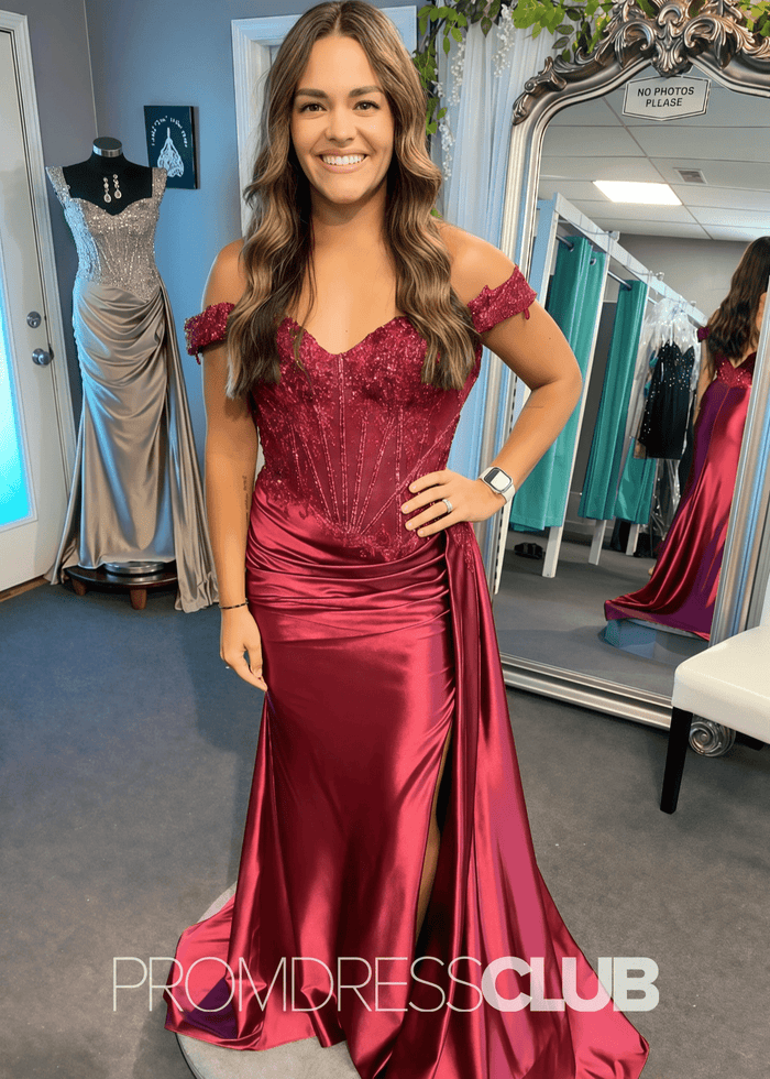 Freda | Long Emerald Green Prom Dresses Mermaid Off the Shoulder with Slit - Dark Red - PromDressClub