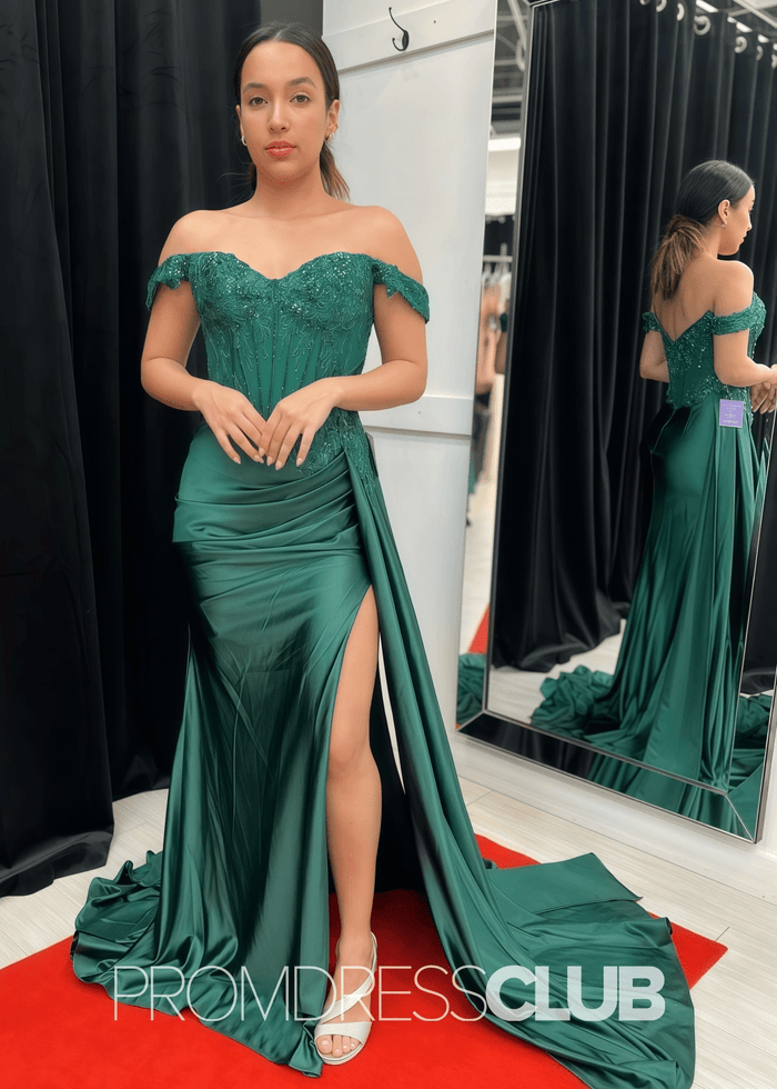 Freda | Long Emerald Green Prom Dresses Mermaid Off the Shoulder with Slit - Emerald Green - PromDressClub