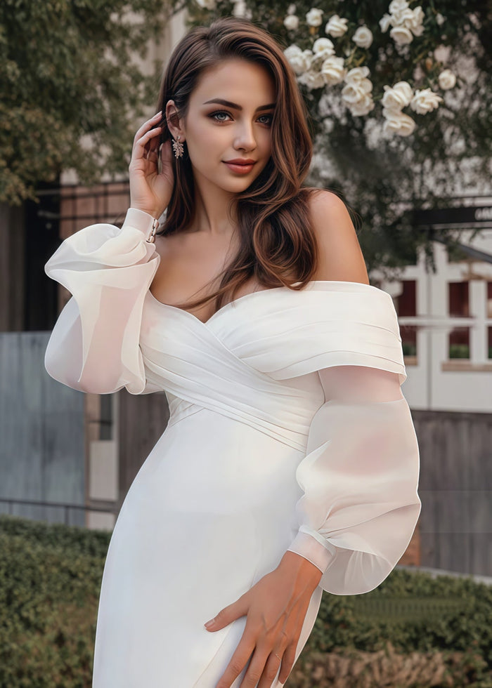 Freda | Trumpet/Mermaid Puff Long Sleeve Satin Wedding Dress with Off the Shoulder - Price #price_variant_lowest# - White - PromDressClub