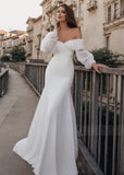 Freda | Trumpet/Mermaid Puff Long Sleeve Satin Wedding Dress with Off the Shoulder - White - PROMDRESS Club