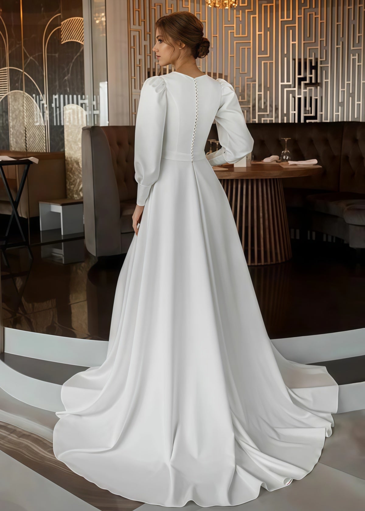 Gabrielle | Classic A Line Long Sleeve High Neck Wedding Dress Court Train with Vintage Gown - White - PROMDRESS Club