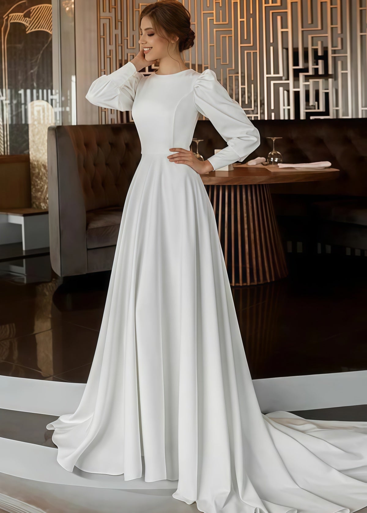 Gabrielle | Classic A Line Long Sleeve High Neck Wedding Dress Court Train with Vintage Gown - White - PROMDRESS Club