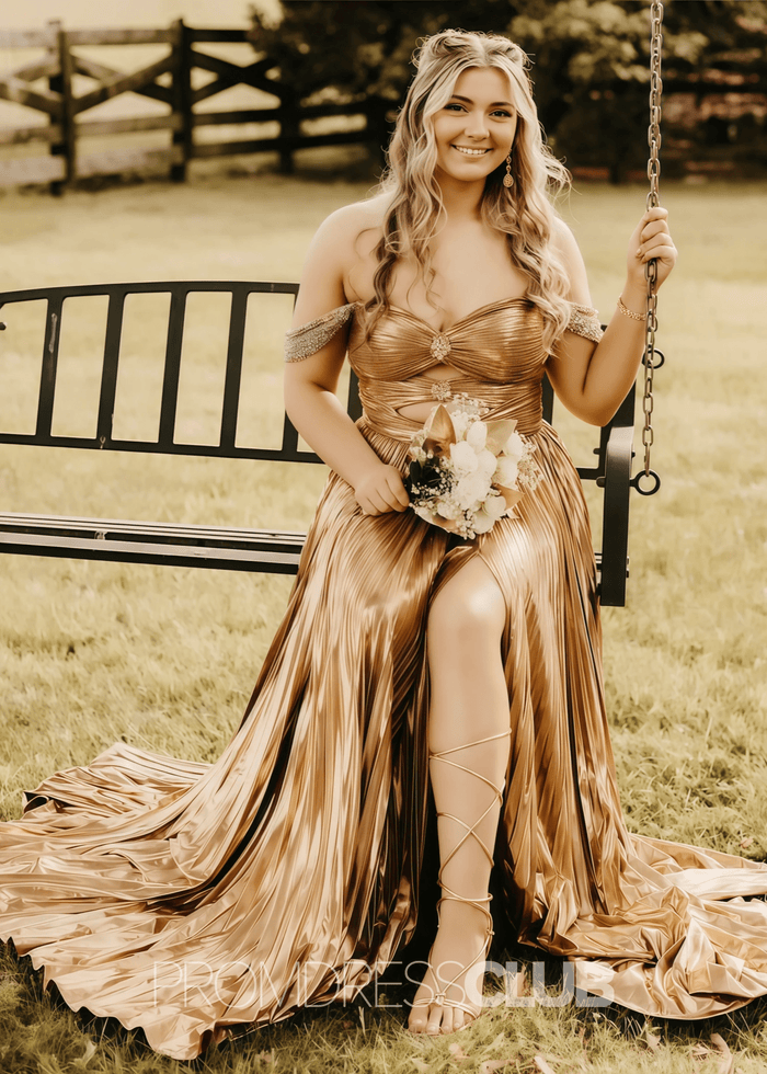 Gabrielle |Long Gold Prom Dress Metallic With A Line Off the Shoulder Pleated Split - Price #price_variant_lowest# - Gold - PromDressClub