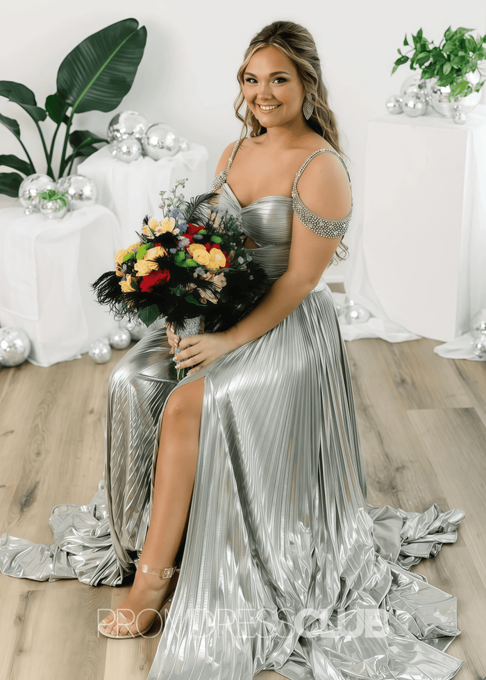 Gabrielle |Long Gold Prom Dress Metallic With A Line Off the Shoulder Pleated Split - Price #price_variant_lowest# - Silver - PromDressClub