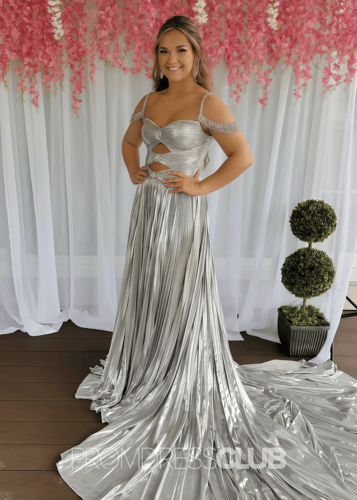 Gabrielle |Long Gold Prom Dress Metallic With A Line Off the Shoulder Pleated Split - Silver - PromDressClub