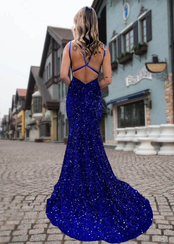 Gabrielle | Dark Blue Sequin Mermaid V Neck Open Back Prom Dress Split - Royal Blue - PromDressClub