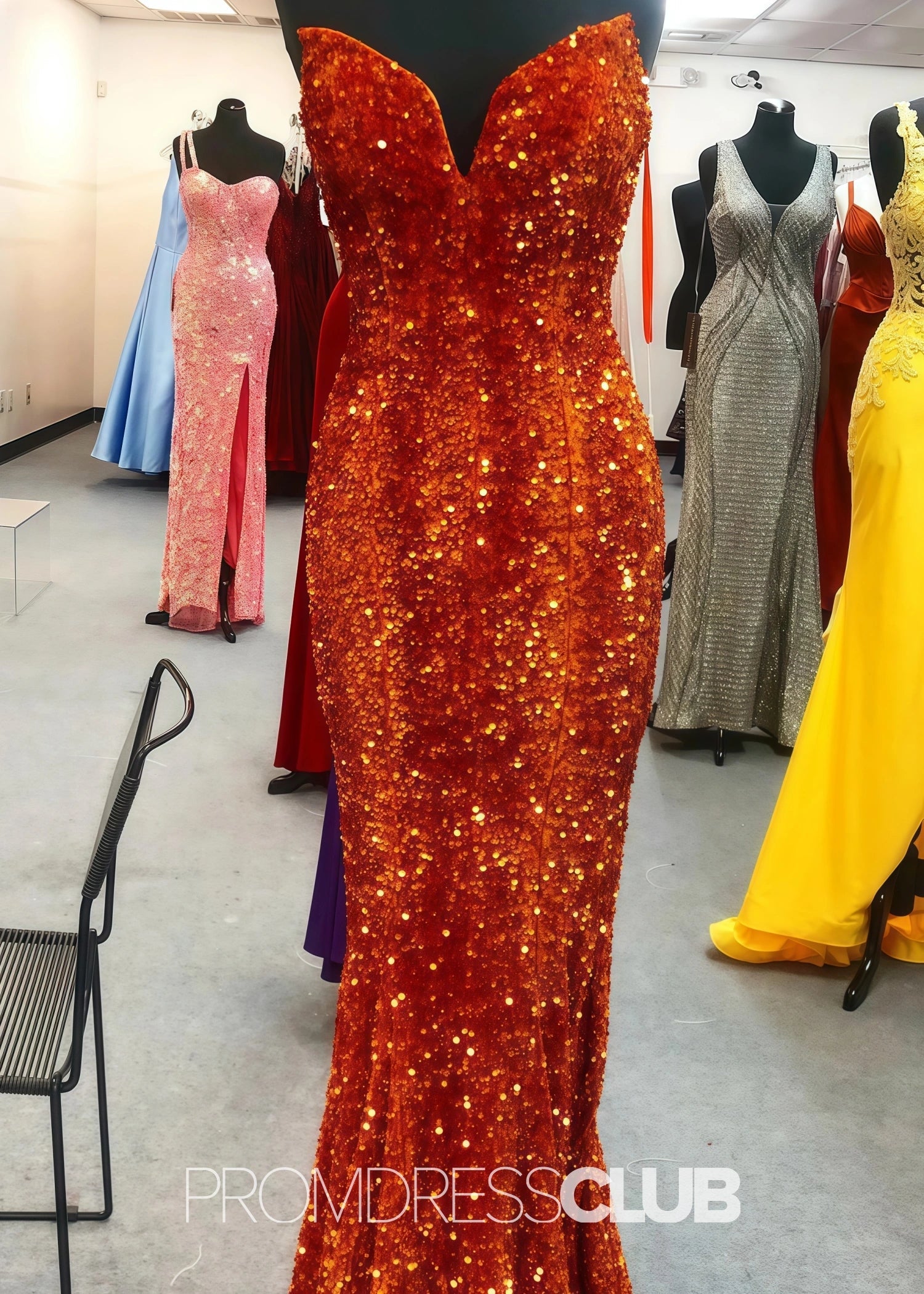 Gemma |Long Black Prom Dresses Near Me With Mermaid Sweetheart Sequins - Orange - US0 - PromDressClub