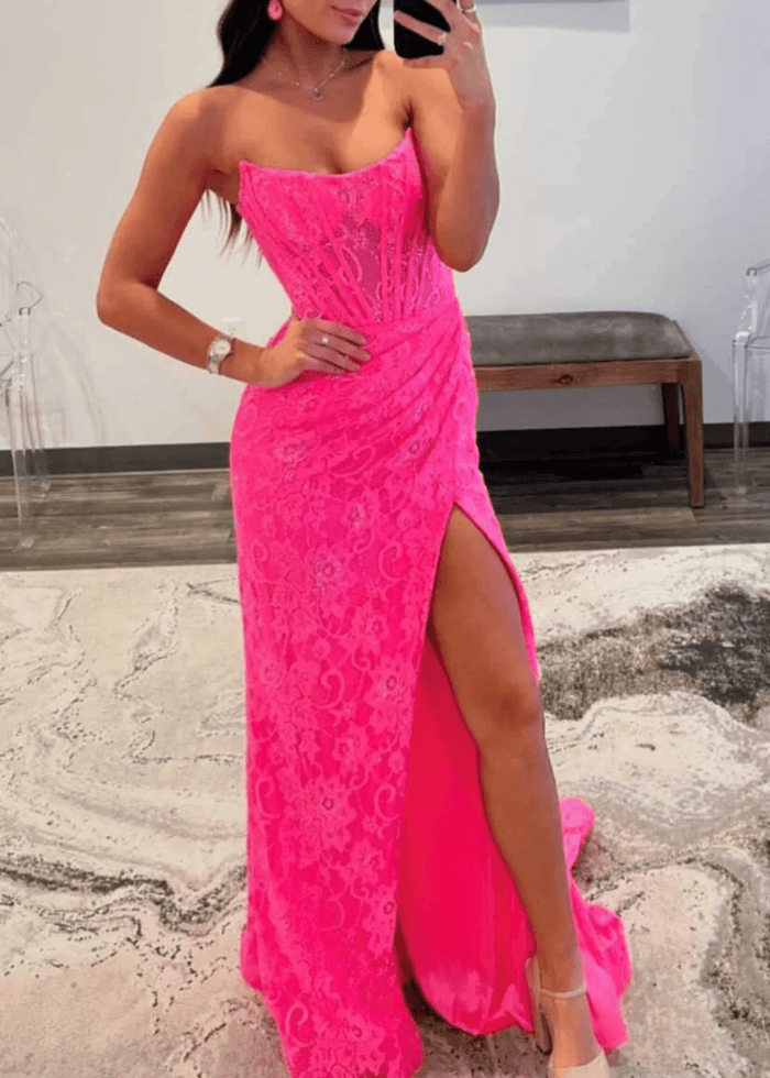 Genevieve | Lavender Hot Pink Mermaid Strapless Corset Pleated Formal Dress with Slit - Hot Pink - PromDressClub