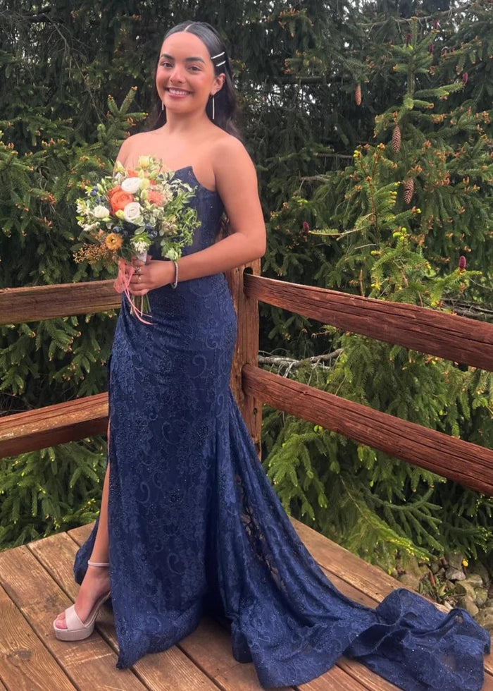 Genevieve | Lavender Hot Pink Mermaid Strapless Corset Pleated Formal Dress with Slit - Navy Blue - PromDressClub